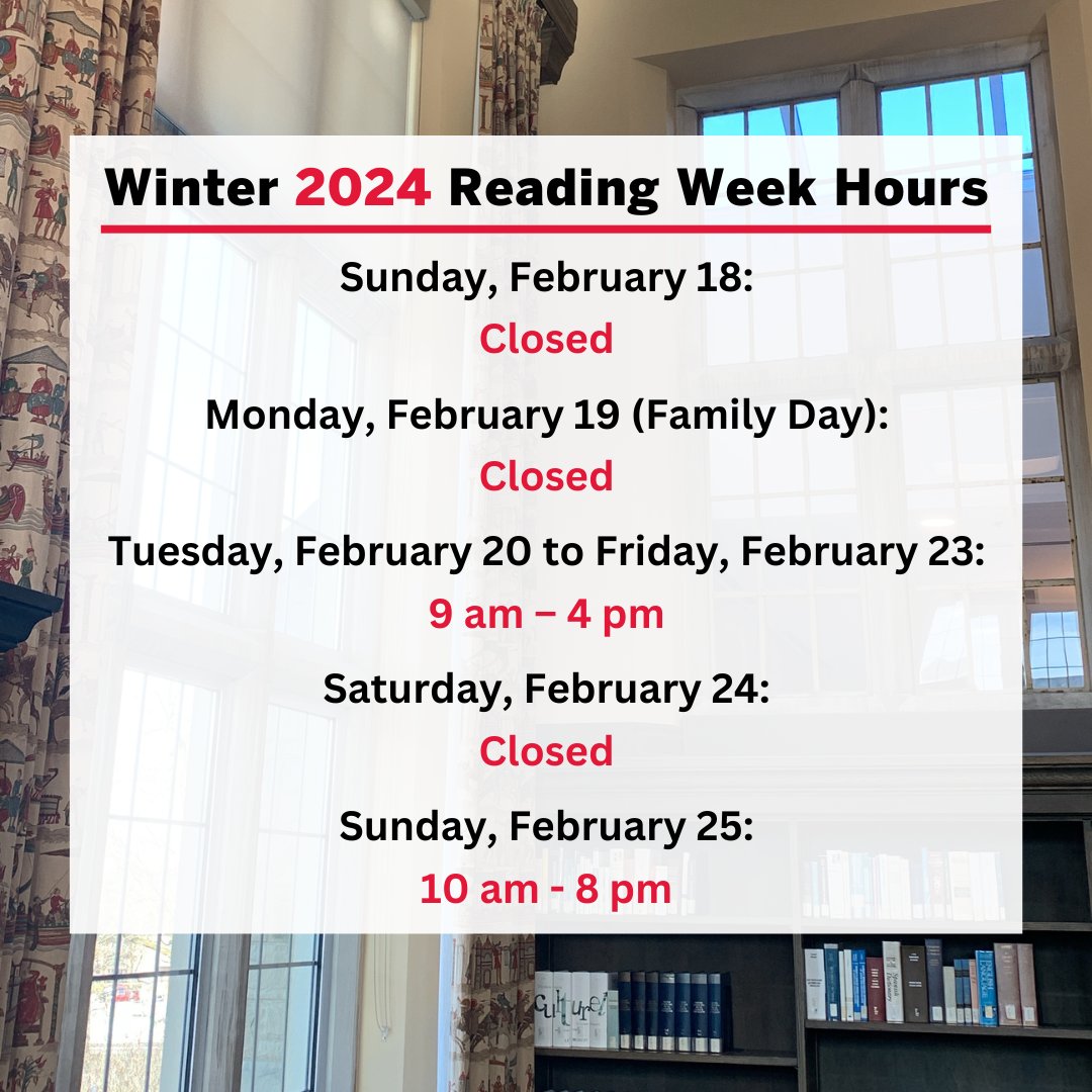 Happy Reading Week! 😊

Our hours this week will be:

• Sun, Feb. 18: Closed
• Mon, Feb. 19: Closed
• Tues, Feb. 20 - Fri, Feb. 23: 9 am - 4 pm
• Sat, Feb. 24: Closed
• Sun, Feb. 25: 10 am - 8 pm

We hope you have a lovely &amp; relaxing week!

#HuronuLibrary #HuronLibrary
