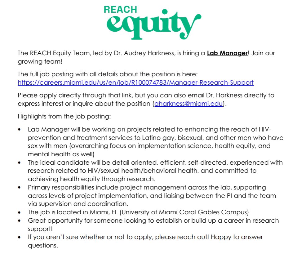 📣REACH Equity team is hiring a Lab Manager! Details in position linked below 👇 Great opportunity to contribute to HIV/MH, health equity, implementation and behavioral science research Please share far and wide and email me / apply here: careers.miami.edu/us/en/job/R100…