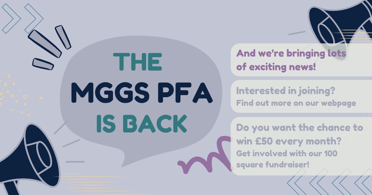 🌟 Exciting News! 🌟 @MGGS_ #PFA is back! Join us for events, fundraisers, and £50 giveaways monthly! Stay tuned for updates. Visit website mggs.ptly.uk/#whoweare or email for info. Let's collaborate! 🌈💙 #MGGS_