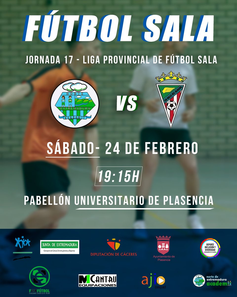JORNADA 17 - LIGA PROVINCIAL FS ⚽️

📅Sábado, 24 de febrero

🕒19:15h

🆚 C.D Valle de Alagón 

📍Pabellón Universitario de Plasencia

#futbolsala #vamosneacademii