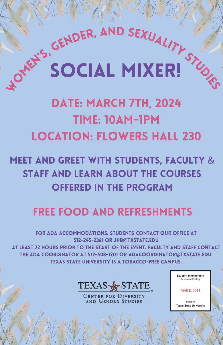 Join us for a WGSS Social Mixer this Women's History Month on March 7th!