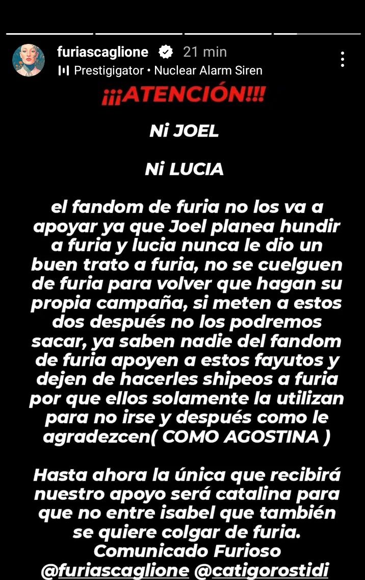 Comunicado de la cuenta de instagram de Furia. 

#GranHermano
