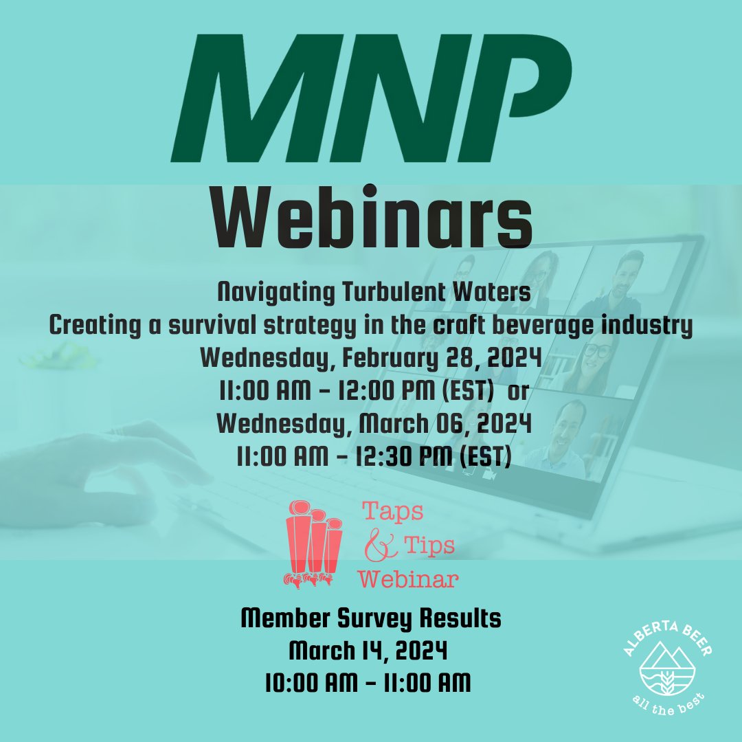 Exciting news! Join us for an exclusive series of Webinars throughout February and March, courtesy of MNP. Feb 28: shorturl.at/mrvEY March 6: shorturl.at/FQR13 March 14: asba20.wildapricot.org/event-5587539 #ABCraftBeer #ABCraftBreweries #BreweryPlanning #MNPWebinars