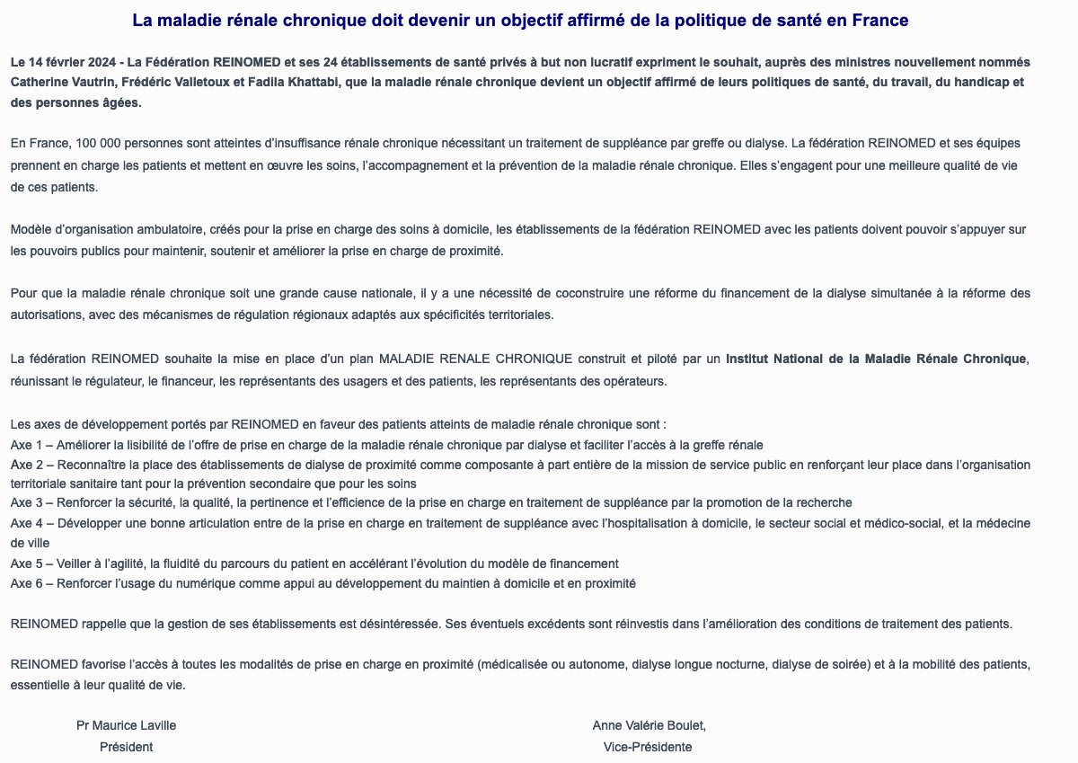 🗞 Fédération @reinomed
 exprime le souhait, auprès de <a href="/CaVautrin/">Catherine Vautrin</a>, <a href="/fredvalletoux/">Frédéric Valletoux</a> et <a href="/fadila_khattabi/">Fadila Khattabi</a>, que la maladie rénale chronique devienne un objectif affirmé de leurs politiques de santé, du travail, du handicap et des personnes âgées.
🔗 À lire : reinomed.fr/actualites