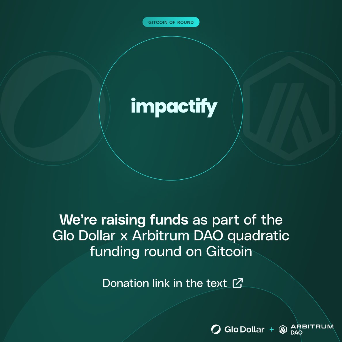 Today marks the beginning of the #QF round on <a href="/gitcoin/">Gitcoin</a> alongside <a href="/glodollar/">Glo Dollar</a> and <a href="/arbitrum/">Arbitrum</a> 🙌

It feels fantastic to join forces with so many inspiring projects utilizing blockchain as a force for good! 🚀

Get to meet them all here 🔽
bit.ly/ImpactifyQF