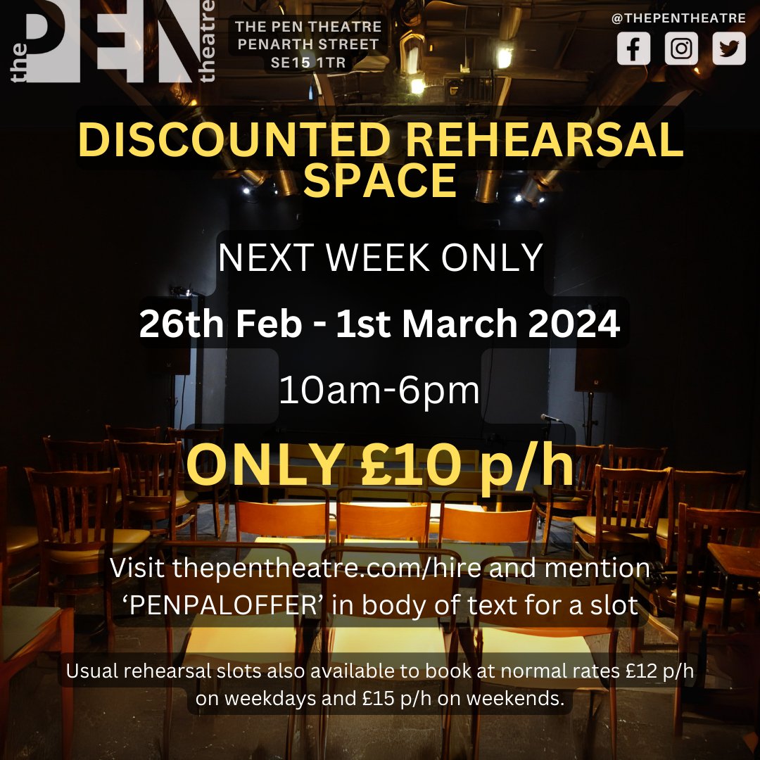 📣 DISCOUNTED REHEARSAL SLOTS AVAILABLE 📣 £10 p/h! Next week ONLY (26th Feb - 1st March, 10am-6pm) Visit thepentheatre.com/hire and mention ‘PENPALOFFER’ in body of text for a slot. Usual rehearsal slots available to book at normal rates £12 p/h weekdays, £15 p/h weekends.