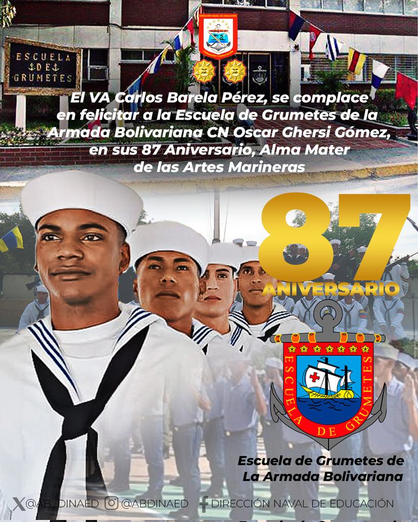 El VA Carlos Barela Pérez , <a href="/AB_DINAED/">DIRECCIÓN NAVAL DE EDUCACIÓN</a>, y su tripulación se complacen en felicitar a la Escuela de Grumetes de la Armada Bolivariana "CN Oscar Ghersi Gómez" en su 87° Aniversario, Alma Mater de las Artes Marineras.
¡Bravo Zulú!

<a href="/ArmadaFANBVzla/">Armada_ve</a> 
<a href="/AB_CANES_1948/">CN. Felipe S Esteves</a> 
<a href="/AB_Grumetes/">Escuela de Grumetes</a>