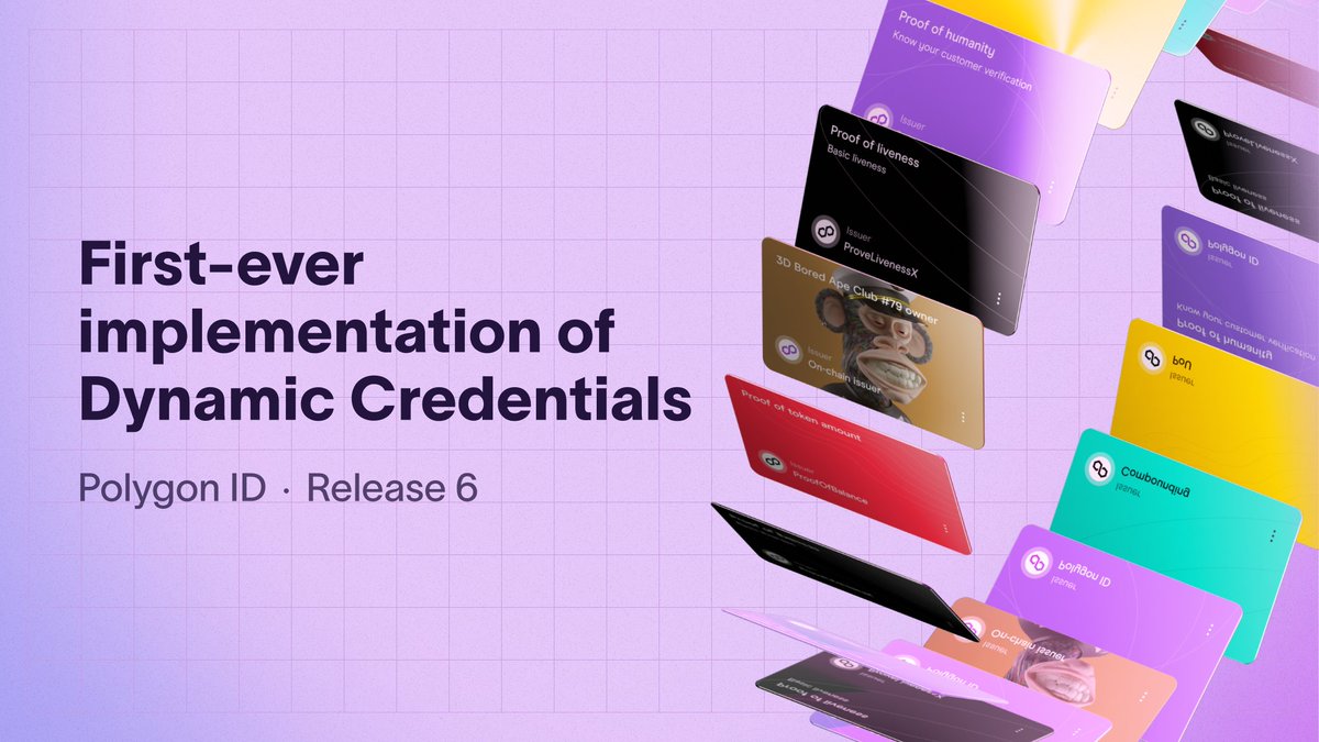 📣 Polygon ID Release 6: First-ever implementation of Dynamic Credentials 🆔

A pioneering step towards fixing identity!

Update your credentials easily with Dynamic Credentials. With Polygon ID Release 6, expired credentials can automatically be updated from the user's wallet