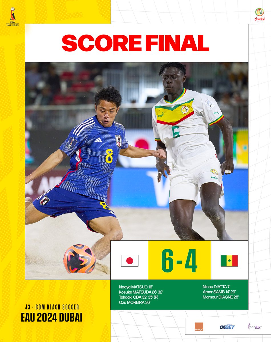 Au terme d’un match plein de rebondissements, le Japon s’impose 6-4 et élimine le Sénégal de la Coupe du Monde de Beach Soccer. #JAPSEN #WCBS2024