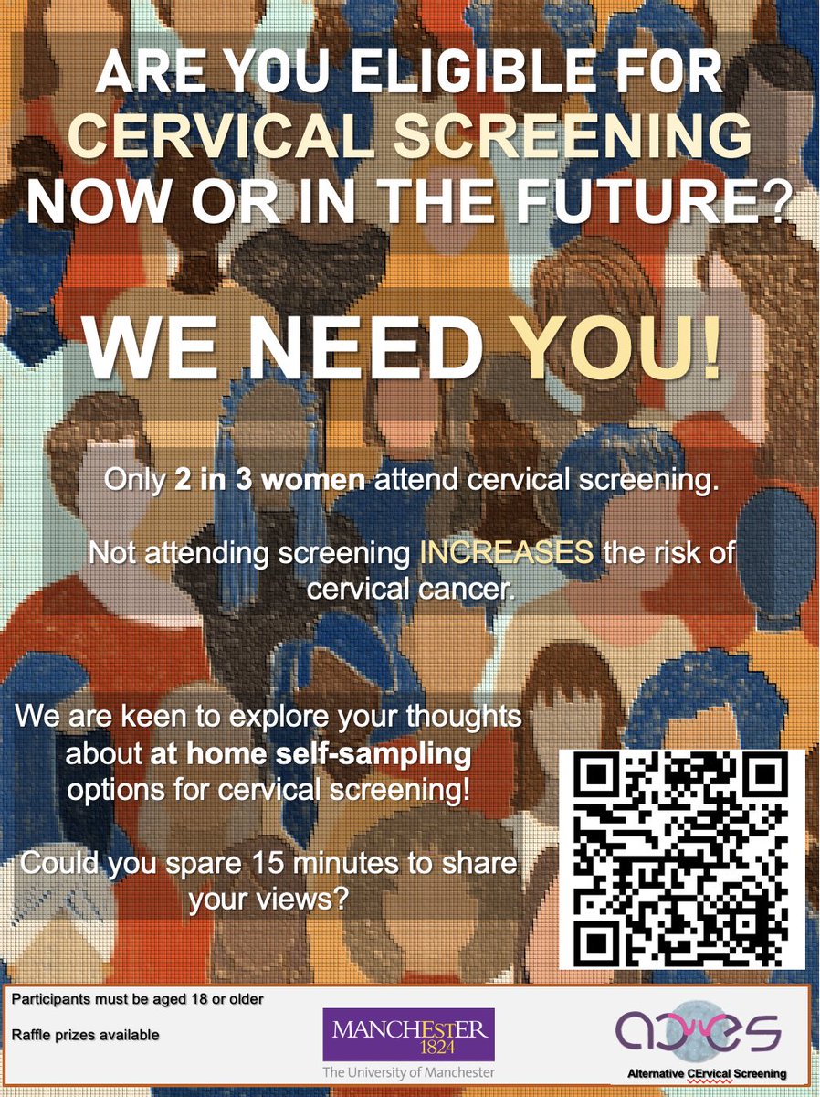 If you are eligible for cervical screening now or in the future please help us fill in this short survey! We would like to understand your view on screening and alternative methods eg vaginal swabs and urine! Just click qualtrics.manchester.ac.uk/jfe/form/SV_3m…