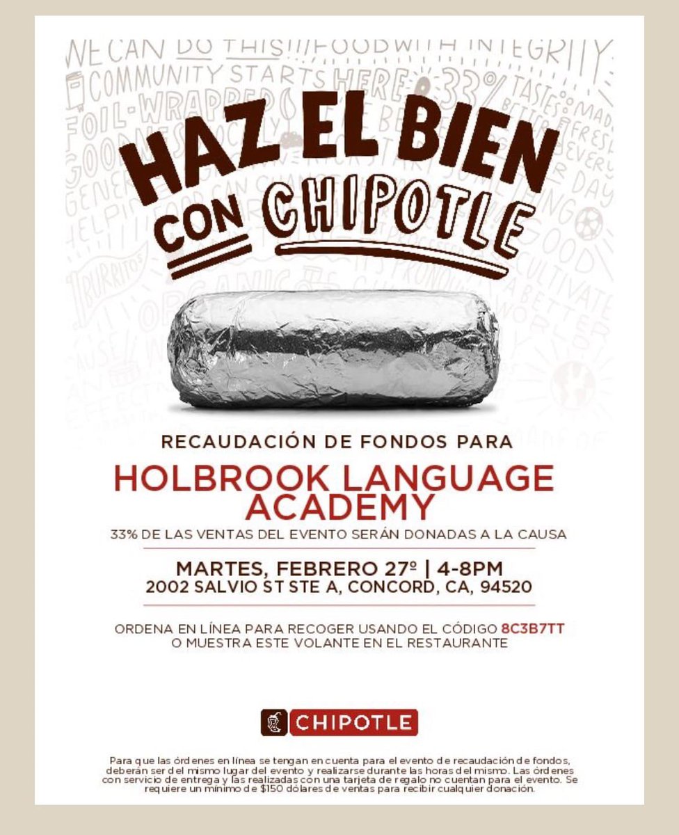 Our February #HOLA Dine to Donate is here!!! Come to @ChipotleTweets at the Salvio’s location for lunch/dinner and help this fundraiser  for our school.
#weareHolbrook #dinetodonate
Tuesday , February 27th!!
All info on flyers ✈️✈️