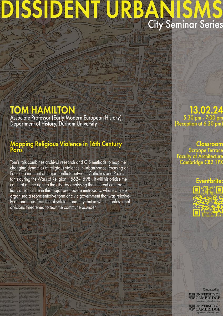 Delighted to have welcomed <a href="/Tom_Hamilton_/">Tom Hamilton</a> to the Department of Architecture last week, who gave a fascinating presentation on the dynamics of religious violence on the urban streets of 16th C Paris!