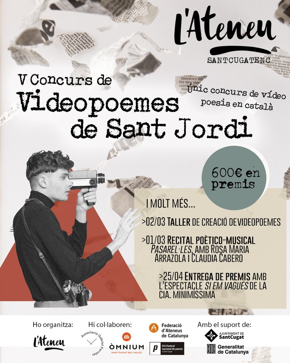 Ateneu's tweet photo. 🎥✍️L’Ateneu de #SantCugt organitza aquest concurs de videopoemes en català en col·laboració amb @FerraterGabriel i @omniumstc. Fins al 8 d’abril envia una peça audiovisuals on hi hagi un poema en català combinat amb imatges en moviment
Bases i inscripció: https://t.co/jm1leV5iyV https://t.co/XoqHu9nG16