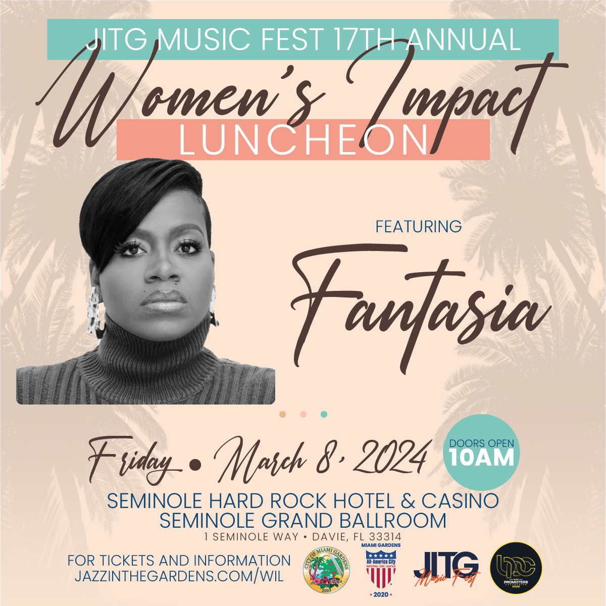 🌟 Big News! Fantasia will keynote the Women's Impact Luncheon during #WomensHistoryMonth in Miami Gardens! 🎤✨ Empowerment, inspiration, and melody await. Gents, you're welcome too! 🌺 #JITG2024 #JITG #JITGMusicFest. Secure your tickets and join us!