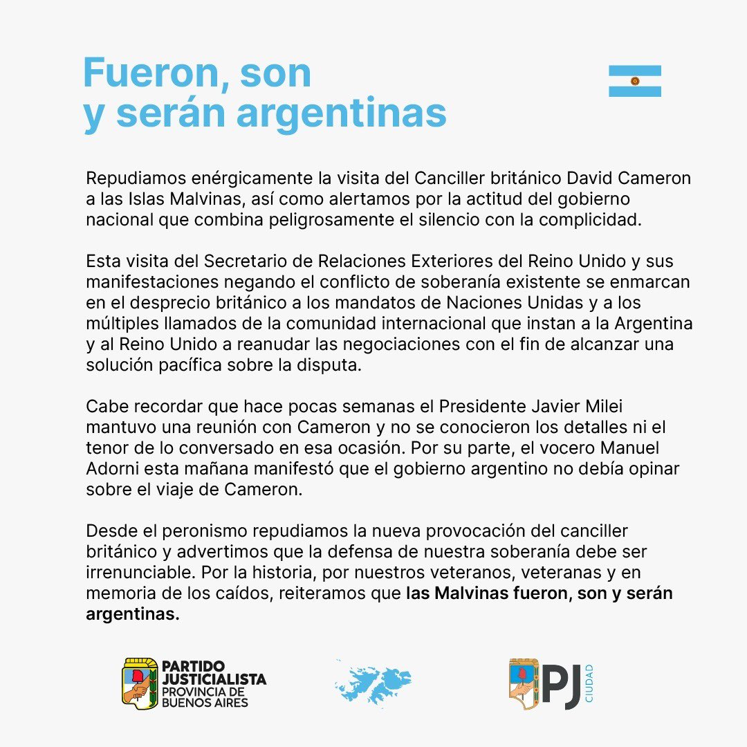 » El PJ PBA y el PJ CABA repudian enérgicamente la visita del Canciller británico David Cameron a las Islas Malvinas y alertan sobre la actitud del gobierno nacional que combina peligrosamente el silencio con la complicidad.