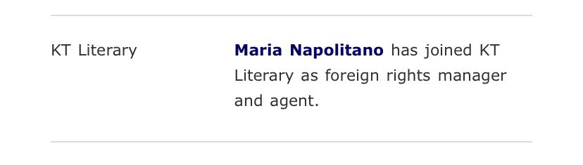 Some belated news: I have joined <a href="/ktliterary/">KT Literary</a> as foreign rights manager and agent! I am so thrilled to continue working in international publishing as well as with my own clients - it’s the best of both worlds for me ☺️