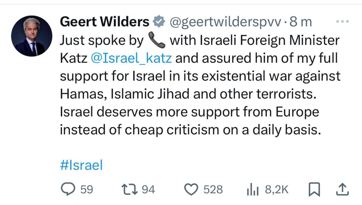 De premier bezoekt namens NL Netanyahu en dringt erop aan af te zien van invasie Rafah zodat niet nog eens duizenden burgerslachtoffers vallen.

Ondertussen wordt door Wilders doorgebeld dat ze die Rutte niet zo serieus moeten nemen.

Dit ondermijnt het gezag van Nederland.