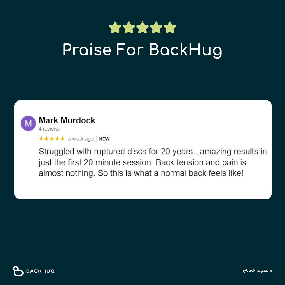🌟 We are thrilled to share an incredible review from one of our amazing customers! After 20 years of struggling with ruptured discs, Mark found relief with BackHug! We're honoured to be part of his pain-free journey! 🙌 #BetterBackCare #PainRelief