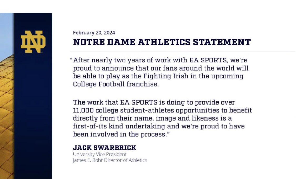 BREAKING: Norte Dame has put out an official statement about being in the game. ☘️