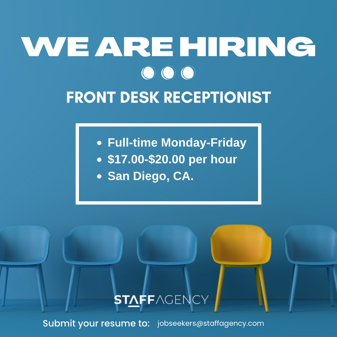 Check out the complete job description and browse through other exciting opportunities here ⬇️⬇️ indeed.com/cmp/Staff-Agen… #nowhiring #jobopening #careeropportunity #joinourteam #teamwork #applytoday #receptionistjob #sandiego #californiajobs