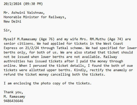 anmeenu's tweet photo. @AshwiniVaishnaw Dear Sir, Please refer the below letter and the ticket and do the needful at the earliest. Journey is tomorrow 21/02 afternoon at 1:25 PM. Thanks🙏
@RailMinIndia @GMSRailway https://t.co/7tE6OtVvqZ