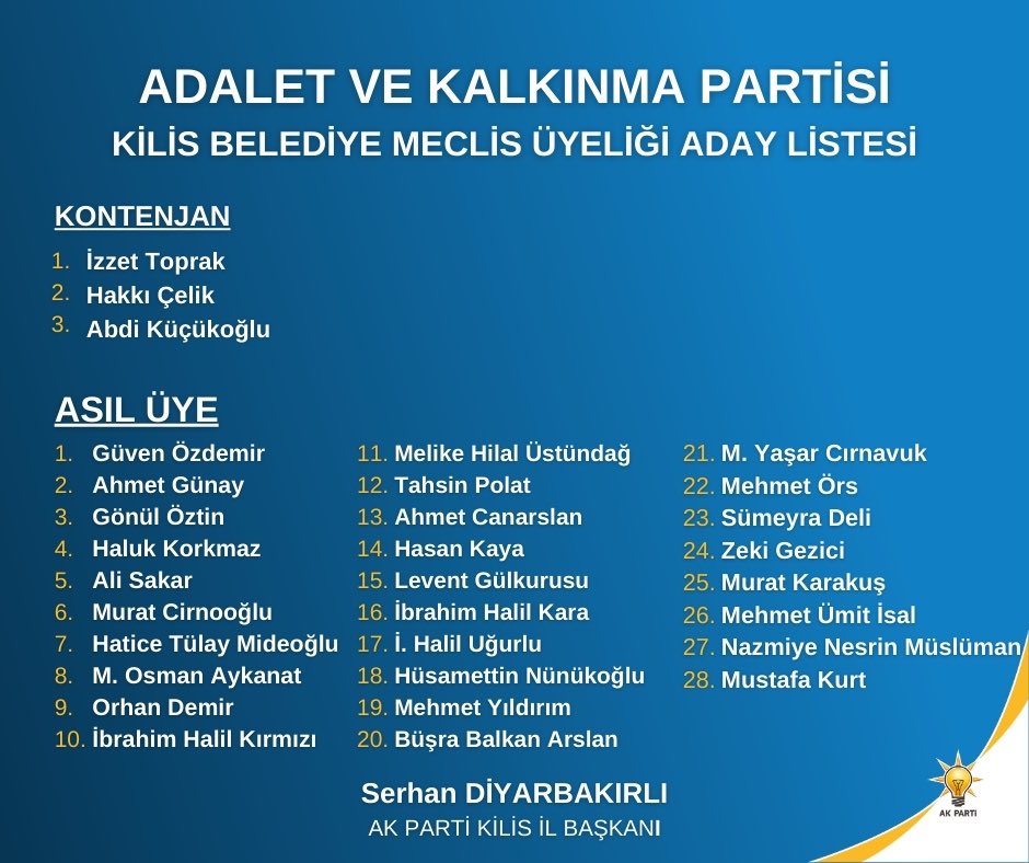 Memleketimize hayırlı olsun. Ak Parti Kilis Belediye Meclis Üyeliği Aday Listemiz Serhan Diyarbakırlı Ak Parti Kilis İl Başkanı