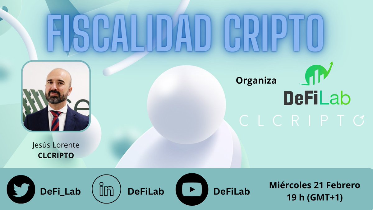 DeFiLab 🦇🔊 (@defi_lab) on Twitter photo 🎯Ya se acerca la declaración de la renta del año 2023, por eso hemos invitado a <a href="/JLorenteA/">Jesus Lorente Ariza</a> de <a href="/CriptoLegal_Es/">CLCRIPTO | TAX & LEGAL</a> donde explicará las principales cuestiones de #impuestos que debemos tener en cuenta si operamos con #criptomonedas.
Inscríbete y participa👇
meetup.com/es-ES/defi_lab… 🎯Ya se acerca la declaración de la renta del año 2023, por eso hemos invitado a <a href="/JLorenteA/">Jesus Lorente Ariza</a> de <a href="/CriptoLegal_Es/">CLCRIPTO | TAX & LEGAL</a> donde explicará las principales cuestiones de #impuestos que debemos tener en cuenta si operamos con #criptomonedas.
Inscríbete y participa👇
meetup.com/es-ES/defi_lab…