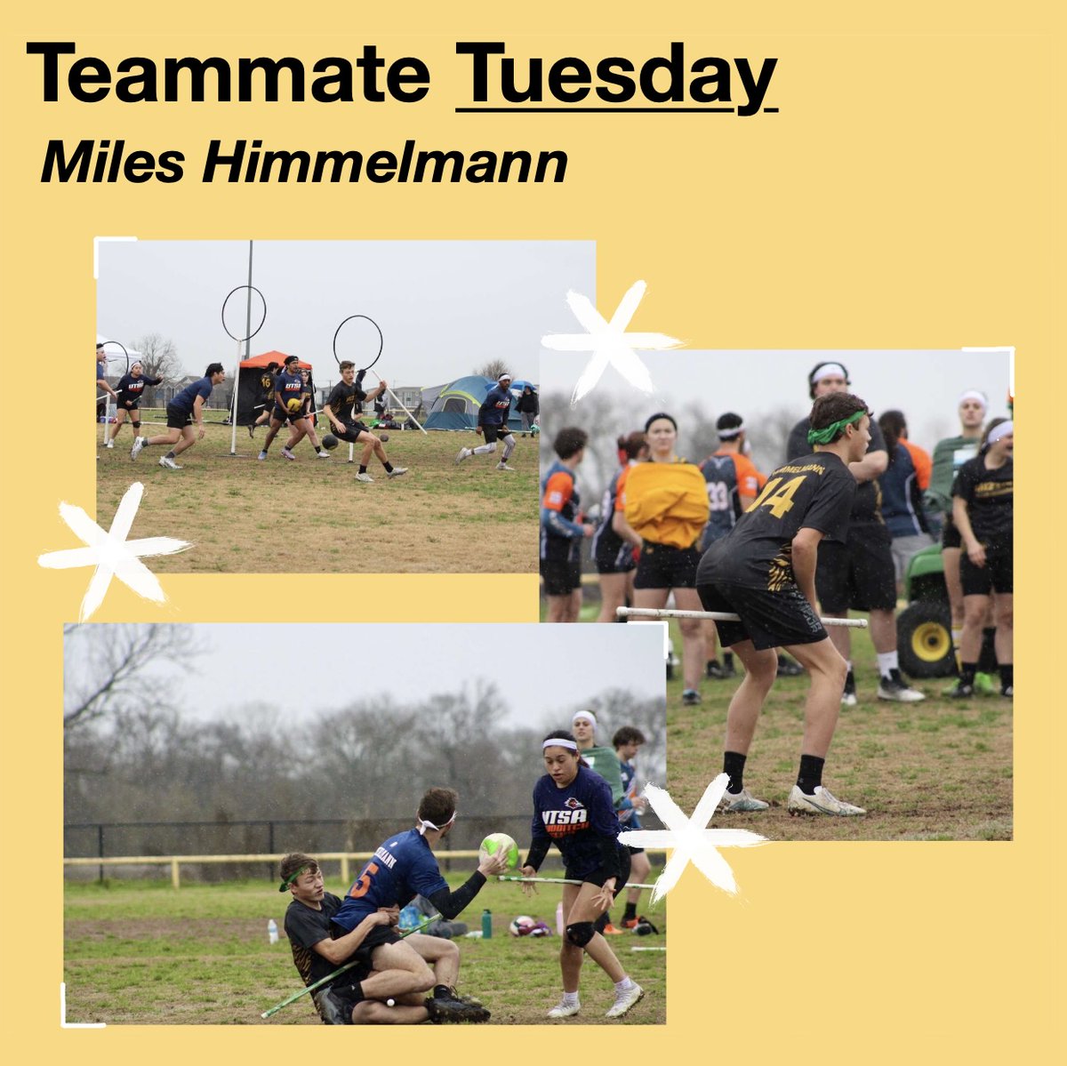 Our player highlight is Miles Himmelmann!  

Number: 14  

Position: Keeper/Chaser  

Years on the team: 2  

Favorite thing about quadball: making shots idk  

Favorite gas station: Casey’s on top  

📸: Chase Contreras