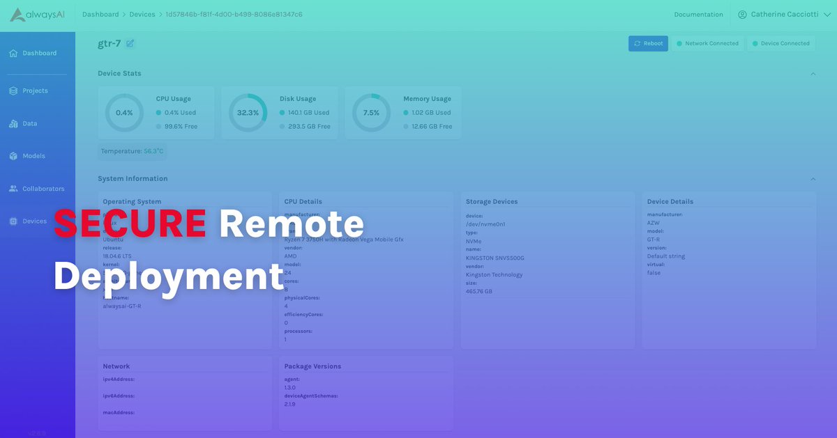 alwaysAI's tweet image. Our #remotedeployment is more secure than ever! With protected credentials, authorized users can now SSH into devices without having to be on-site and view more detailed system information to monitor device health - all remotely. 💪 Learn more here: hubs.ly/Q02kJDMk0