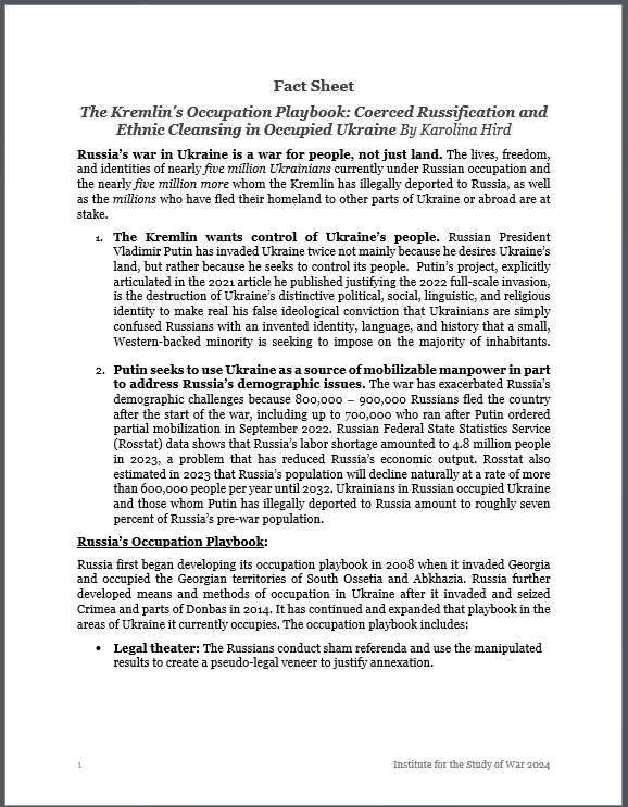 Fact sheet: "The Kremlin's Occupation Playbook: Coerced Russification and Ethnic Cleansing in Occupied Ukraine" By ISW Russia Team Deputy Lead @KarolinaAHird 1/3