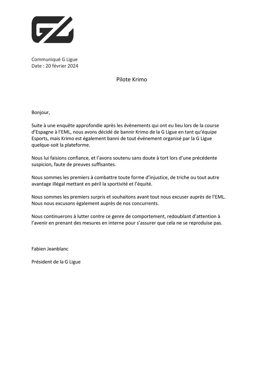G_Ligue_Esports's tweet image. Communiqué suite aux récents évènements concernant la section F1 Esports :

English will follow
