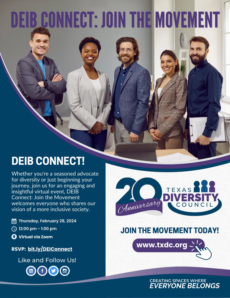 Join us for an engaging and insightful virtual event, DEIB Connect: Join the Movement welcomes everyone who shares our vision of a more inclusive society.

RSVP: bit.ly/DEIConnect?utm…

#txdc #diversity