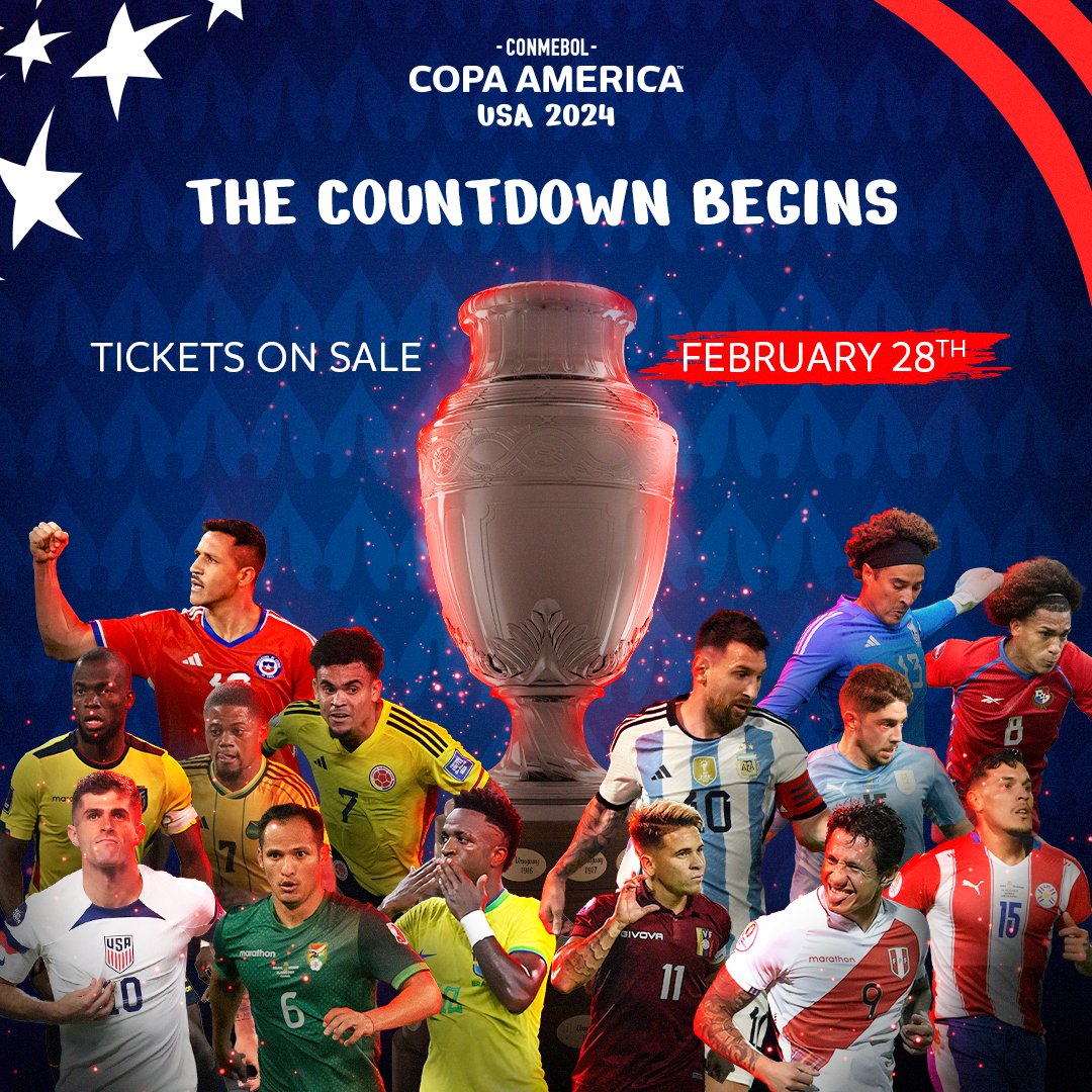 Tickets for the CONMEBOL Copa América™️ 2024 will go on sale February 28th! 🎉 More info available at copaamerica.com. #RockingTheContinent