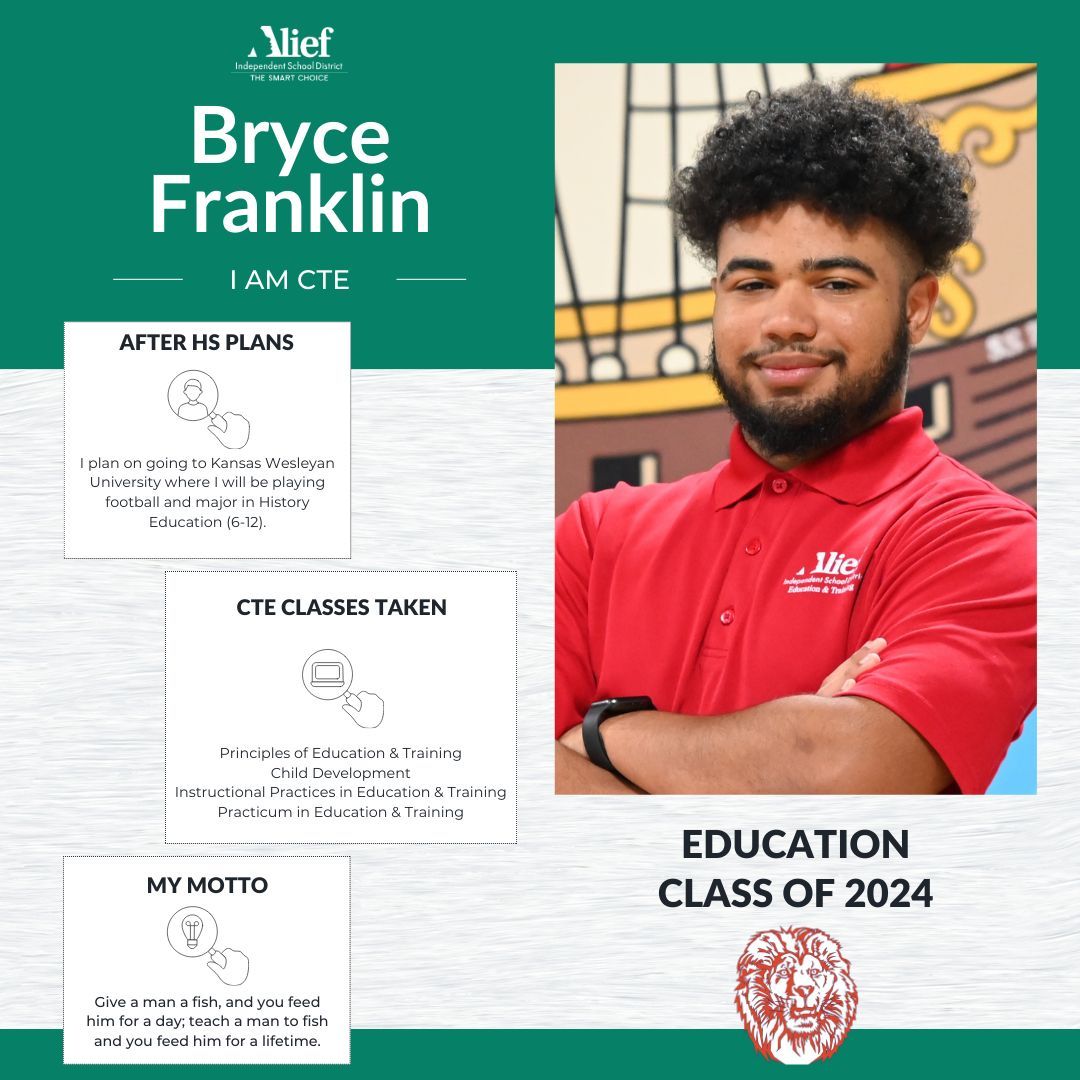 AliefISD's tweet photo. Meet Bryce Franklin from @ATaylorHS, our CTE Month MVP! On and off the field, he's ready to make history, balancing football at Kansas Wesleyan University with a major in History Education. Let's support his journey to victory, both in sports and academics! 🏈📚 https://t.co/Y8cBLTnR5k