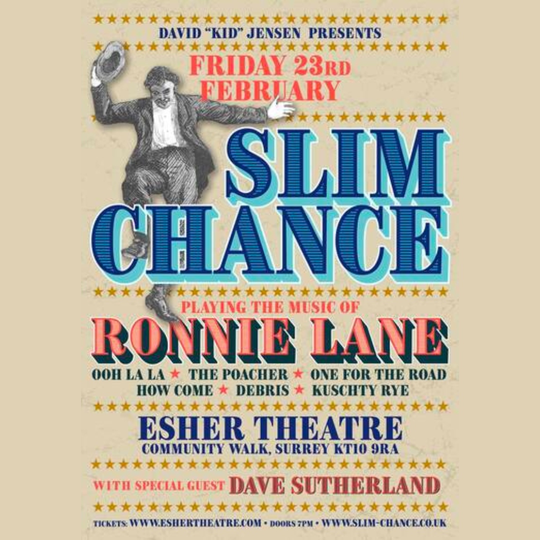Immerse yourself in the soulful sounds of Slim Chance! Join us on February 23rd for an extraordinary live show featuring an all-star lineup playing the fantastic songbook of ex-Small Faces and Faces man, Ronnie Lane. #SlimChance #RonnieLaneTribute #EsherTheatre