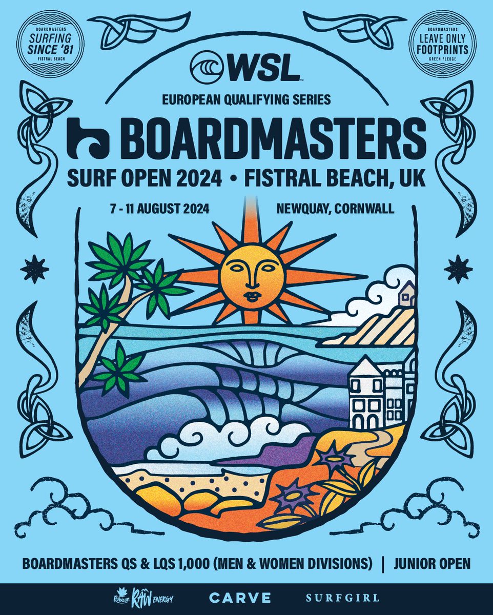 The Boardmasters OPEN will take place at Fistral Beach from the 7th – 11th August 2024! For the NINTH consecutive year, WSL make their highly anticipated return. What do you think of your brand new Boardmasters Open poster, designed by Newquay-local artist Clara Jonas! ✨