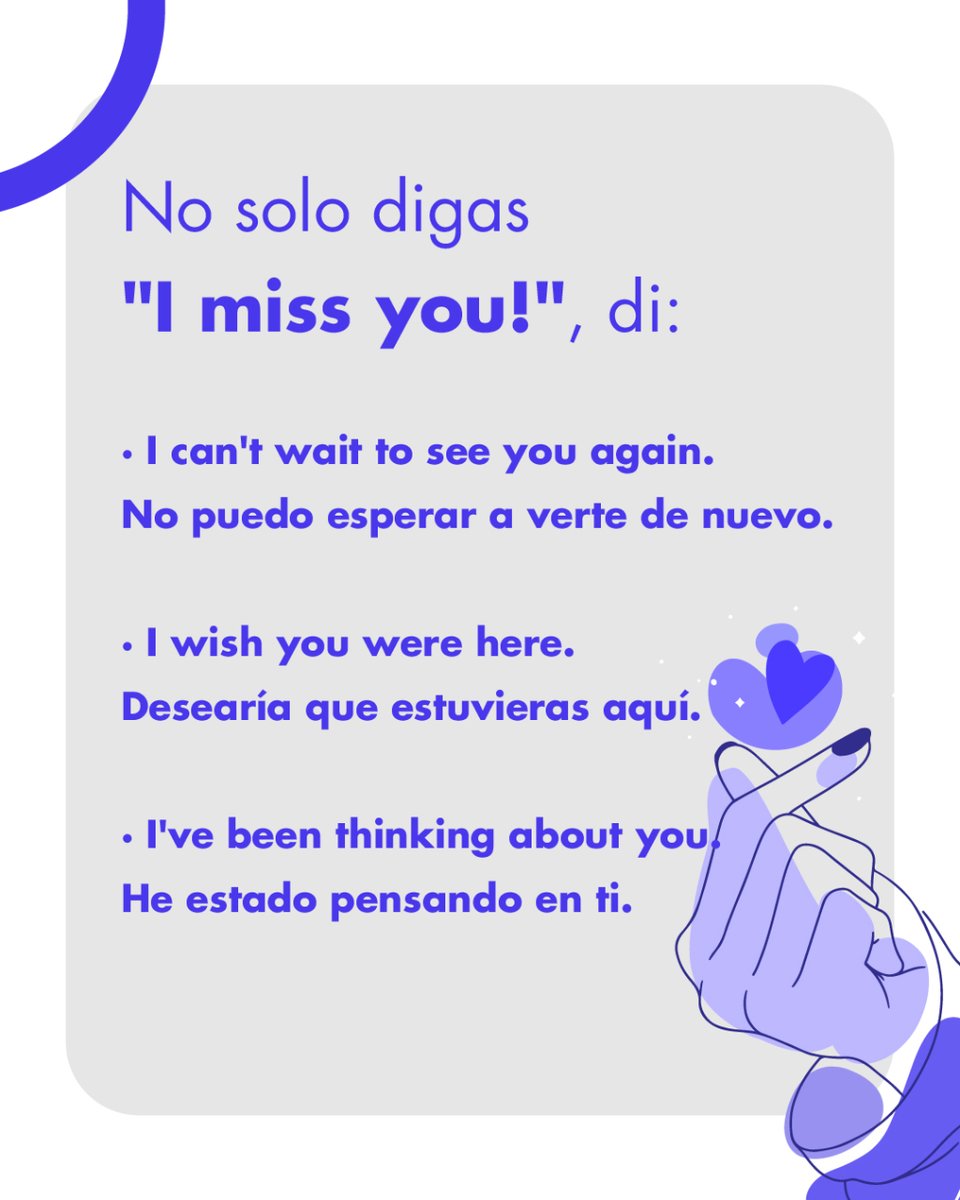 Cuando echas de menos a tus personas favoritas seguramente dices "I miss you". Pero, ¿te gustaría llegarles directo al corazón? 💓 

Aquí tienes otras alternativas que te harán sonar más como una persona nativa. ✨

No olvides tu 💙 si quieres ver más contenido como este.