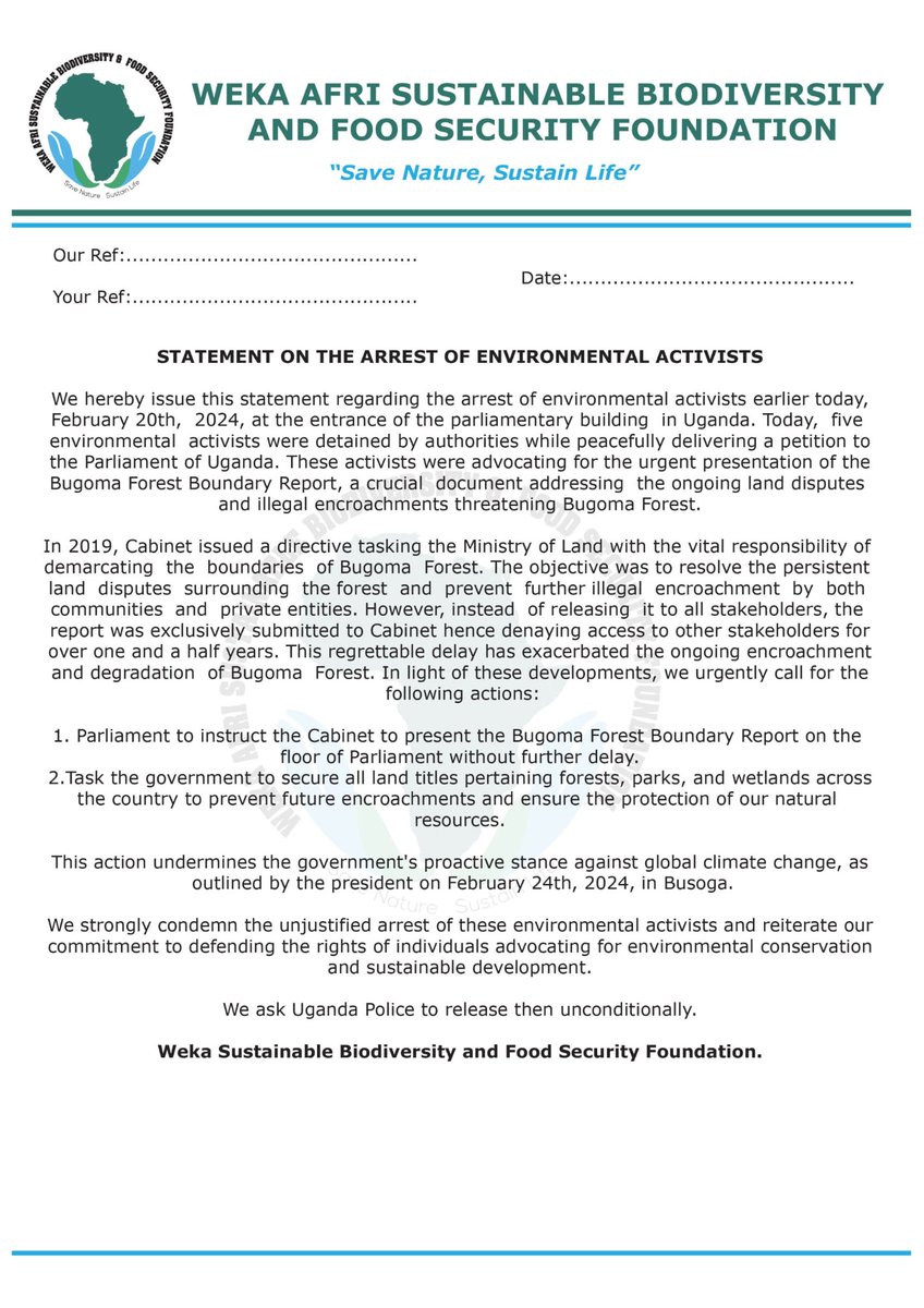 WekaAfri's tweet photo. It is crucial that @GovUgand promptly releases the Bugoma Boundary Report instead of arresting activists advocating for its disclosure.
@ParliamentUG @PoliceUg @aifeuganda
#SaveBugoma https://t.co/c6pBhL5SeA