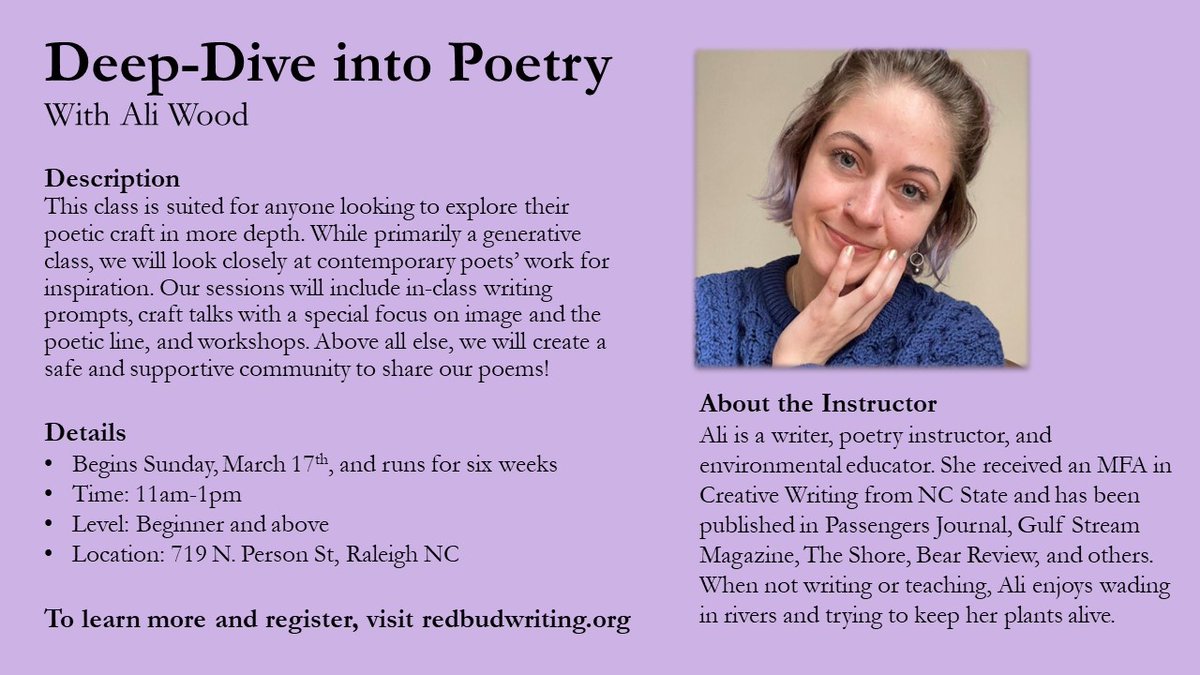 Come dive into poetry with me this March-April 🌻🤿

More info and registration at redbudwriting.org