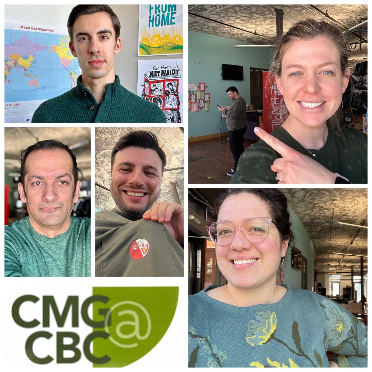 ConradCollaco's tweet photo. Very happy to see the CBC Hamilton team support #CMGatCBC bargaining members, currently in negotiations with management, by wearing green today. #HamOnt https://t.co/67SLY8Sp8s