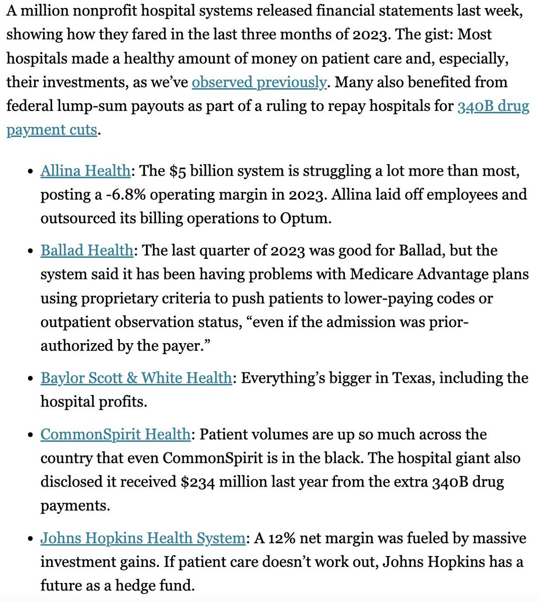 Many hospitals are doing quite well, especially when you factor in their huge investment arms. Do not buy the narrative that all hospitals are in dire straits. marketing.statnews.com/medicare-advan…