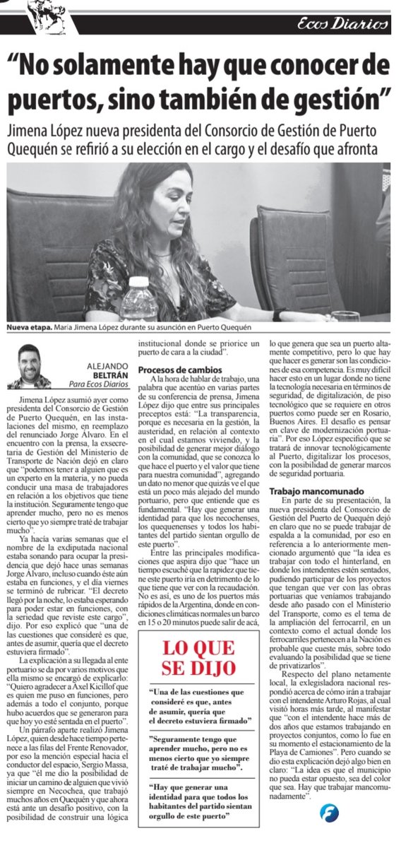 abeltranok's tweet photo. #Necochea @MaJimenaLopezOk ya en funciones como nueva Presidenta de @puertoquequen habló sobre su futura gestión, su contracción al trabajo y el por qué debe haber un trabajo mancomunado con @MuniNecochea y el intendente @arturoarojas https://t.co/O1CFs3Eu8j
