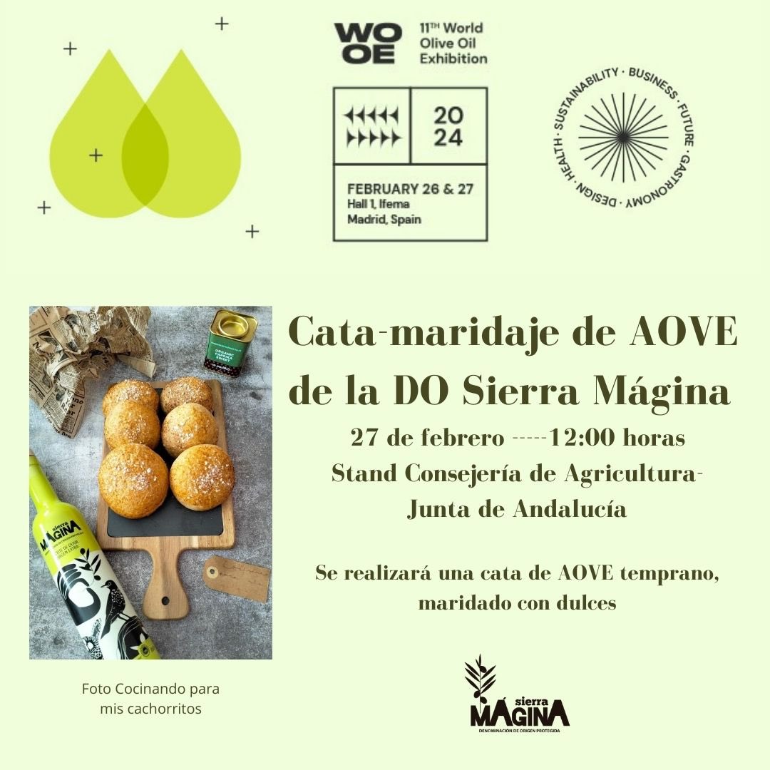 La próxima semana participamos en la <a href="/WorldOliveOil/">World Olive Oil Exhibition</a> en Madrid, dentro del stand de <a href="/AgriculturAnd/">Consejería AgriPesca</a> <a href="/gustodelsurand/">Gusto del Sur</a> 
Además 9️⃣ de nuestros #aove estarán en el Oil Bar y realizaremos una cata maridada con elaboraciones dulces 🍰
Os esperamos 🤗