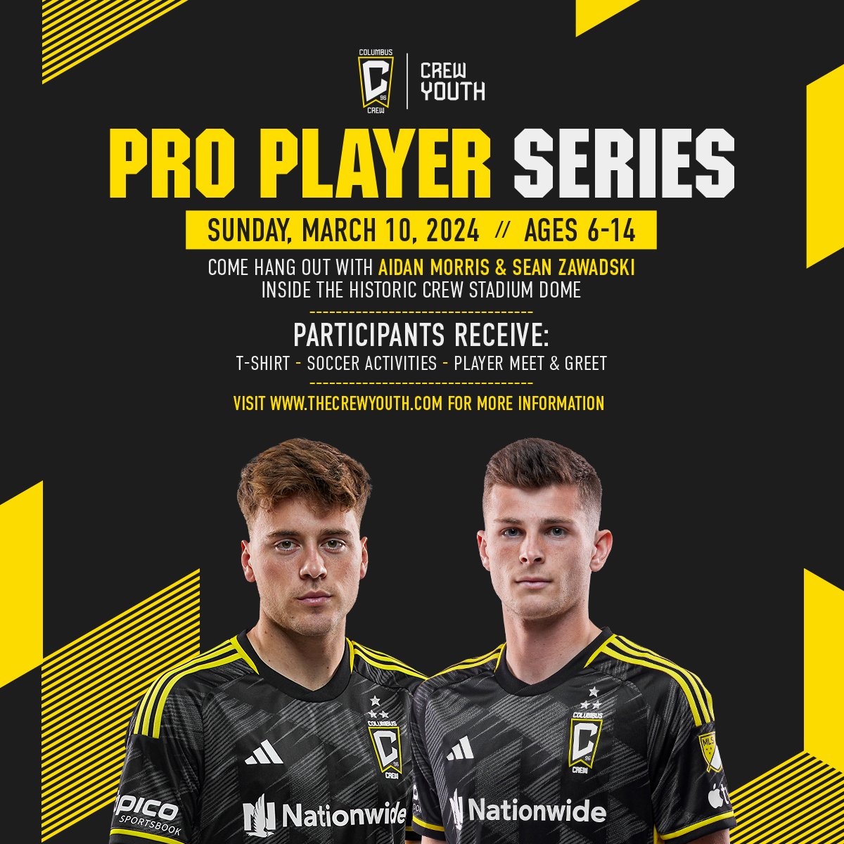 Crew homegrown and recently called up USMNT players Aidan Morris and Sean Zawadski will host our next Pro Player Series for our last event inside the Historic Crew Stadium Dome!

More information at thecrewyouth.com