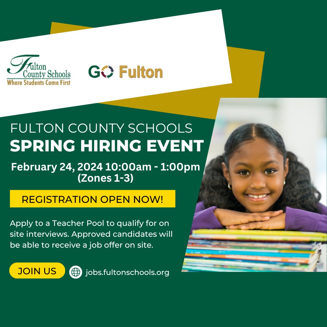 You don't want to miss the chance to get hired on the spot! Meet FCS Zones 1-3 Schools! #TeachInFulton #ThriveInFulton

Register Now: ow.ly/PUFk50QwumF

@GO_Fulton