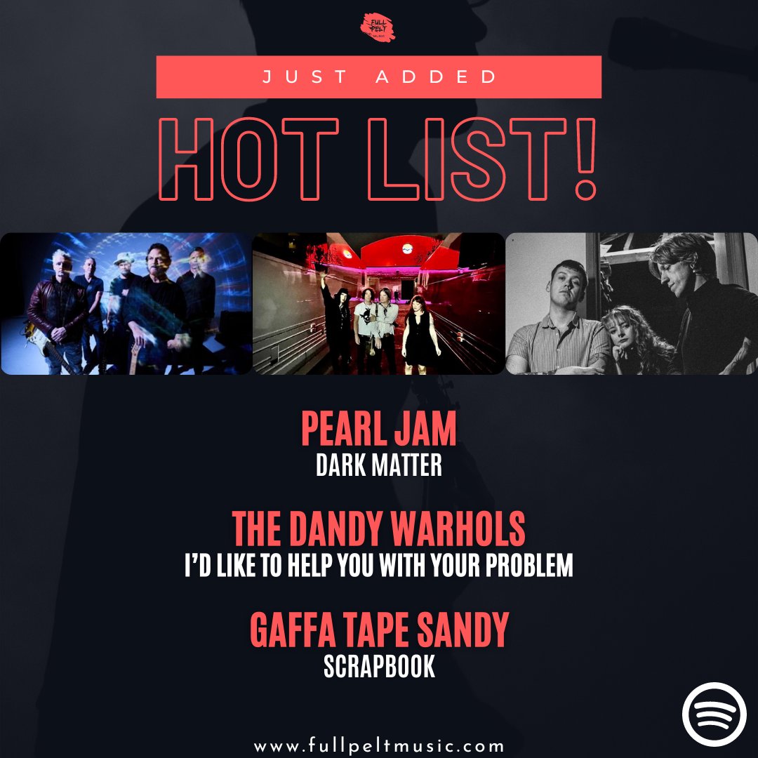 fullpeltmusic's tweet image. JUST ADDED to our @Spotify Hot List!

@PearlJam - 'Dark Matter'
@TheDandyWarhols - 'I'd Like To Help You With Your Problem'
@gaffatapesandy - 'Scrapbook'

Listen + Follow 👇
tinyurl.com/ywbn6k34

Magazine 👇
tinyurl.com/2hdv3kyn