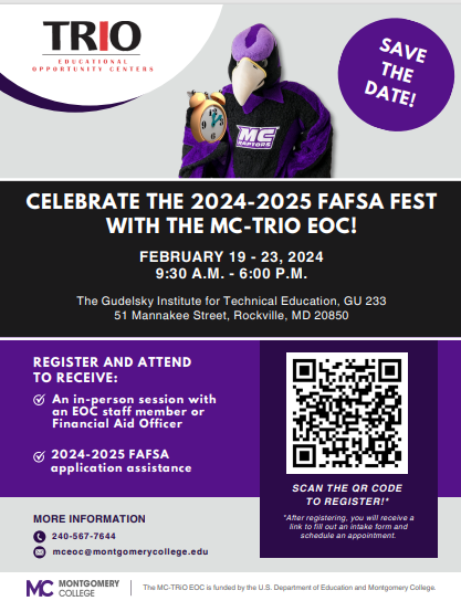 Need assistance with the FAFSA form or general Financial Aid questions? We've got you covered, join us for the 2024-25 FAFSA Fest! On February 19-23, 2024 | 9:30 A.M. - 6:00 P.M. Location: MC Rockville Campus, GU 233 (Use QR Code to Register) We hope to see you there!