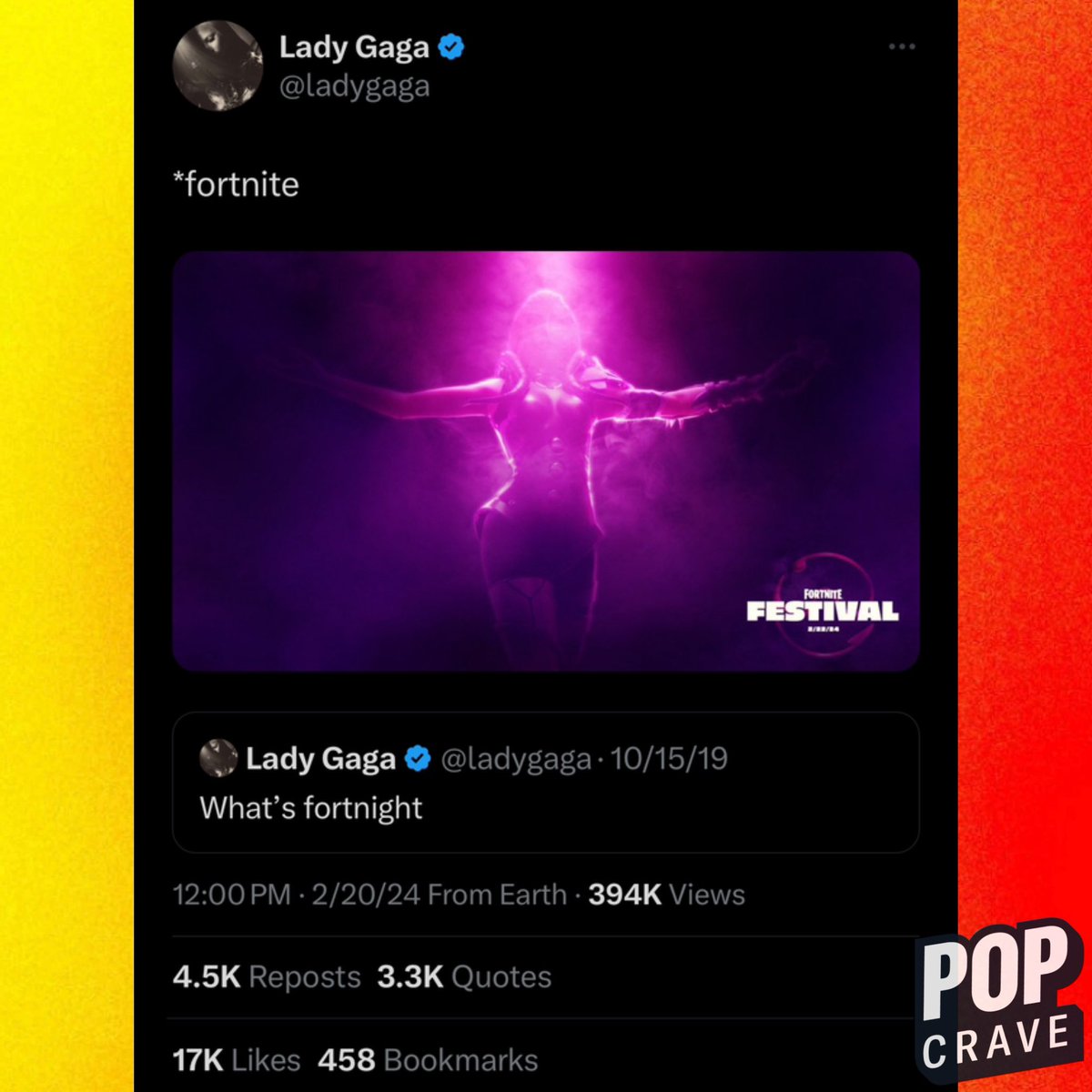 Lady Gaga corrects old tweet, which misspelled ‘Fortnite’ following her performance announcement.