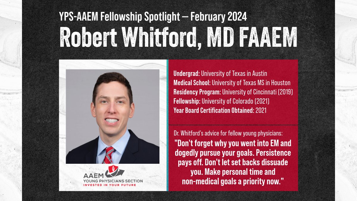 AAEM Young Phys (@aaemyps) on Twitter photo Meet this month's YPS-AAEM Fellowship Spotlight, Dr. <a href="/RobertWhitford/">Robert Whitford, MD</a>! He joined YPS-AAEM to network and find mentorship in career development. As an EM physician, he is capable of providing care to any patient, regardless of age or complaints, and in austere environments. Meet this month's YPS-AAEM Fellowship Spotlight, Dr. <a href="/RobertWhitford/">Robert Whitford, MD</a>! He joined YPS-AAEM to network and find mentorship in career development. As an EM physician, he is capable of providing care to any patient, regardless of age or complaints, and in austere environments.