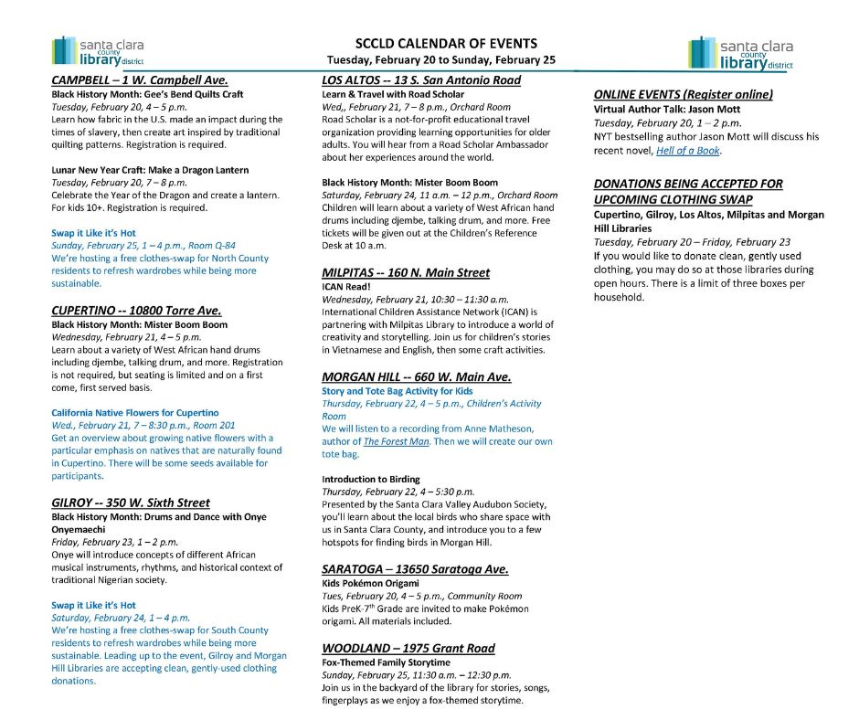 Our libraries are back open after the long holiday weekend. Check out all of the events happening. Keep in mind, the events highlighted in blue are Silicon Valley Reads related. Find our full calendar at sccld.org/events/